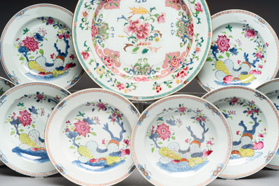 Eight Chinese famille rose plates with floral design and a dish, Yongzheng/Qianlong