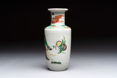 A Chinese famille rose vase with narrative design and a famille verte vase, Qianlong mark, 19th C.