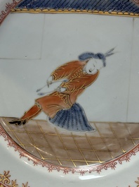 A rare pair of Chinese polychrome 'Commedia dell&rsquo;arte' 'South Sea Bubble' plates, Yongzheng, ca. 1725