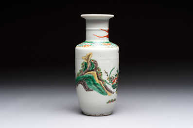 A Chinese famille rose vase with narrative design and a famille verte vase, Qianlong mark, 19th C.