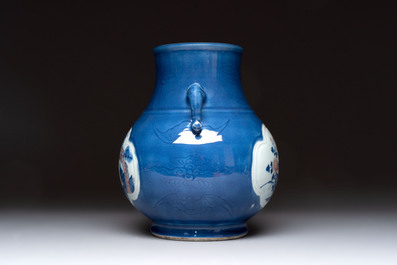 A Chinese blue, white and copper-red powder-blue-ground 'hu' vase, Qianlong