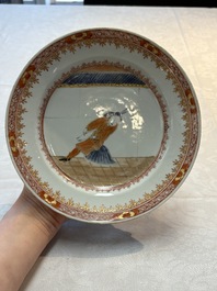 A rare pair of Chinese polychrome 'Commedia dell&rsquo;arte' 'South Sea Bubble' plates, Yongzheng, ca. 1725