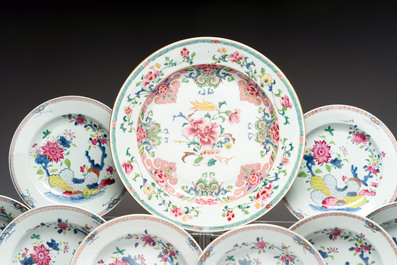 Eight Chinese famille rose plates with floral design and a dish, Yongzheng/Qianlong