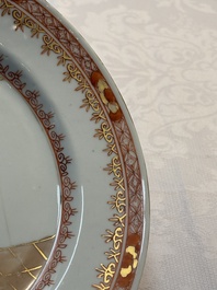 A rare pair of Chinese polychrome 'Commedia dell&rsquo;arte' 'South Sea Bubble' plates, Yongzheng, ca. 1725