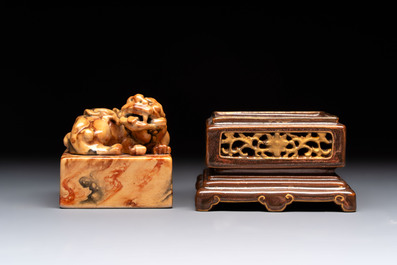 An unusual Chinese marble-glazed 'Qianlong Yu Bi 乾隆御筆' seal and stand, Qianlong mark, Republic
