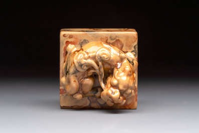 An unusual Chinese marble-glazed 'Qianlong Yu Bi 乾隆御筆' seal and stand, Qianlong mark, Republic