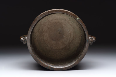 A Chinese archaistic bronze censer with 'chilong' and 'lingzhi' handles on wooden stand, Zhou Wang Bo Zuo Bao Ding 周王伯作寶鼎 mark, Yuan/Ming