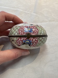 A Chinese Canton enamel 'Long Mu and dragon' oval cosmetic box, 18th C.