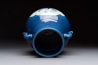 A Chinese blue, white and copper-red powder-blue-ground 'hu' vase, Qianlong