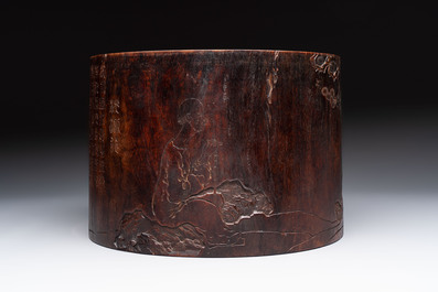 A large Chinese inscribed zitan brush pot, 18/19th C.