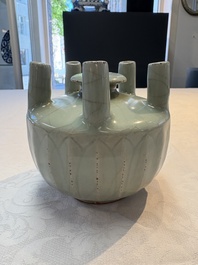 A Chinese Longquan celadon quintuple-tube vase, Yuan