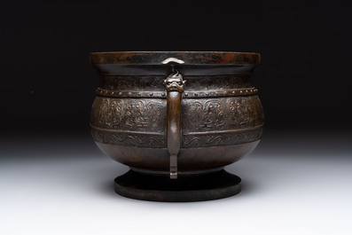 A Chinese archaistic bronze censer with 'chilong' and 'lingzhi' handles on wooden stand, Zhou Wang Bo Zuo Bao Ding 周王伯作寶鼎 mark, Yuan/Ming