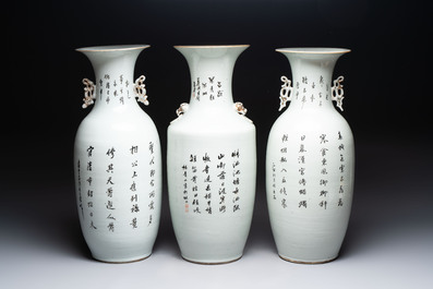 Three Chinese famille rose vases, signed Mao Zirong 毛子榮, Yang Qingshan 楊青山 and Liu Jishun 劉吉順, 19/20th C.
