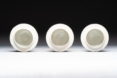 A blue and white Dutch Delft garniture of five vases and covers, 19th C.