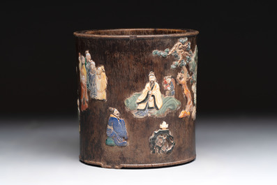 A Chinese hardstone, mother-of-pearl and silver embellished zitan bitong, Chongzhen mark, 17/18th C.