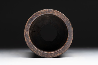 A Chinese hardstone, mother-of-pearl and silver embellished zitan bitong, Chongzhen mark, 17/18th C.