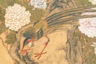 In the manner of Yun Shouping 惲壽平 (1633-1690):'Pheasant and peonies', ink and colour on silk