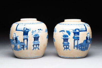 A Chinese famille verte covered vase, a pair of blue and white jars on wooden stands and two jars, 19th C.