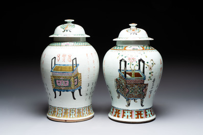 Four Chinese famille rose 'flower basket' vases, two with cover, signed Wu Yu 吴玉, dated 1912