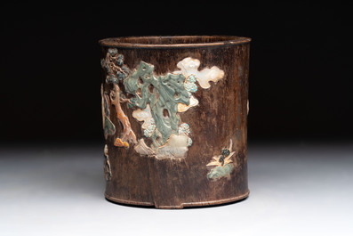 A Chinese hardstone, mother-of-pearl and silver embellished zitan bitong, Chongzhen mark, 17/18th C.