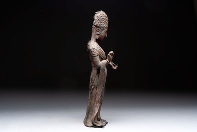 A fine and large Chinese bronze standing Buddha, possibly Liao