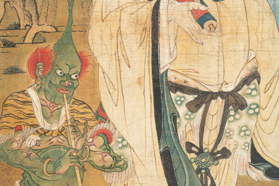 Two Chinese schools: 'Lan Caihe 蓝采和' and 'Lu Dongbin 吕洞宾', ink and colour on silk, 19th C.