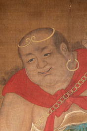 Chinese school: 'Deity and foo dog', ink and colour on silk, 16/17th C.
