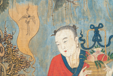 Two Chinese schools: 'Lan Caihe 蓝采和' and 'Lu Dongbin 吕洞宾', ink and colour on silk, 19th C.