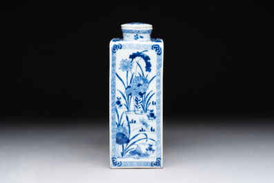 A Chinese blue and white square flask and cover with floral design, Kangxi