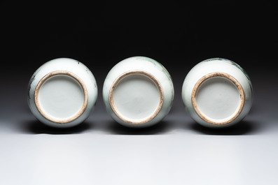 Three Chinese famille rose vases, signed Mao Zirong 毛子榮, Yang Qingshan 楊青山 and Liu Jishun 劉吉順, 19/20th C.