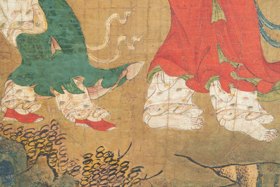 Two Chinese schools: 'Lan Caihe 蓝采和' and 'Lu Dongbin 吕洞宾', ink and colour on silk, 19th C.