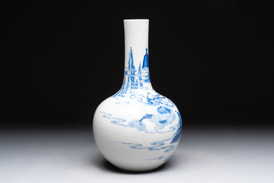 A Chinese blue and white bottle vase with narrative design, Qianlong mark, 19th C.