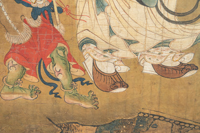 Two Chinese schools: 'Lan Caihe 蓝采和' and 'Lu Dongbin 吕洞宾', ink and colour on silk, 19th C.