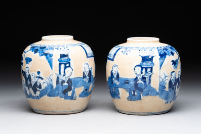 A Chinese famille verte covered vase, a pair of blue and white jars on wooden stands and two jars, 19th C.