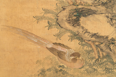 In the manner of Yun Shouping 惲壽平 (1633-1690):'Pheasant and peonies', ink and colour on silk