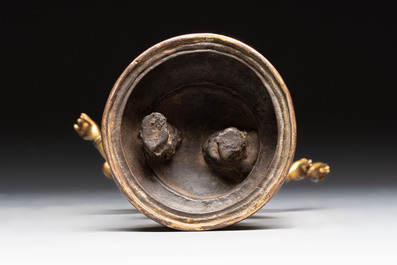 A Nepalese or Tibetan turquoise-inlaid gilt-bronze sculpture of Kurukulla or red Tara, 15th C. or later