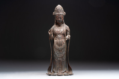 A fine and large Chinese bronze standing Buddha, possibly Liao