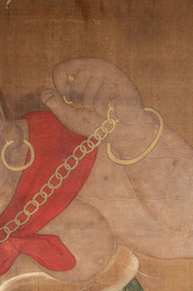Chinese school: 'Deity and foo dog', ink and colour on silk, 16/17th C.