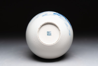 A Chinese blue and white bottle vase with narrative design, Qianlong mark, 19th C.