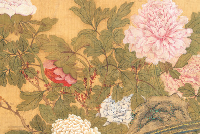 In the manner of Yun Shouping 惲壽平 (1633-1690):'Pheasant and peonies', ink and colour on silk