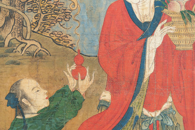 Two Chinese schools: 'Lan Caihe 蓝采和' and 'Lu Dongbin 吕洞宾', ink and colour on silk, 19th C.