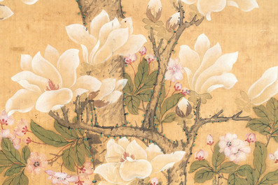 In the manner of Yun Shouping 惲壽平 (1633-1690):'Pheasant and peonies', ink and colour on silk