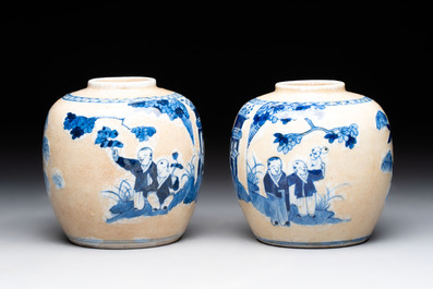 A Chinese famille verte covered vase, a pair of blue and white jars on wooden stands and two jars, 19th C.