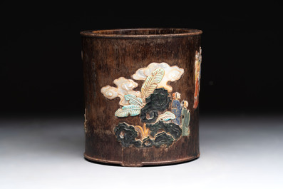 A Chinese hardstone, mother-of-pearl and silver embellished zitan bitong, Chongzhen mark, 17/18th C.