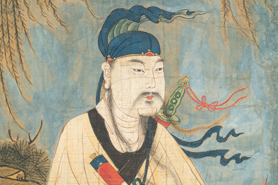 Two Chinese schools: 'Lan Caihe 蓝采和' and 'Lu Dongbin 吕洞宾', ink and colour on silk, 19th C.