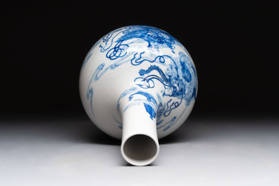 A Chinese blue and white bottle vase with narrative design, Qianlong mark, 19th C.