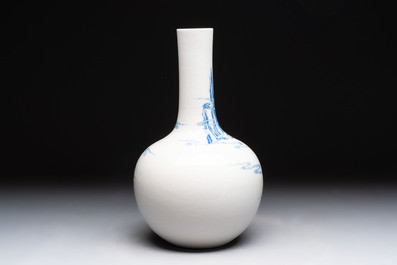 A Chinese blue and white bottle vase with narrative design, Qianlong mark, 19th C.