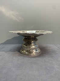 A silver tazza, four boxes and a large spoon, China and Thailand 19/20th C.