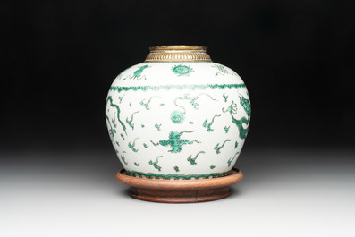 A Chinese green-enamelled 'dragon' jar mounted as a lamp, 18/19th C.