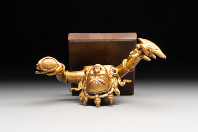 A Sino-Tibetan gilt-bronze Mahakala on stand, a Tibetan Vajradhaka and a Hayagriva, 19/20th C.
